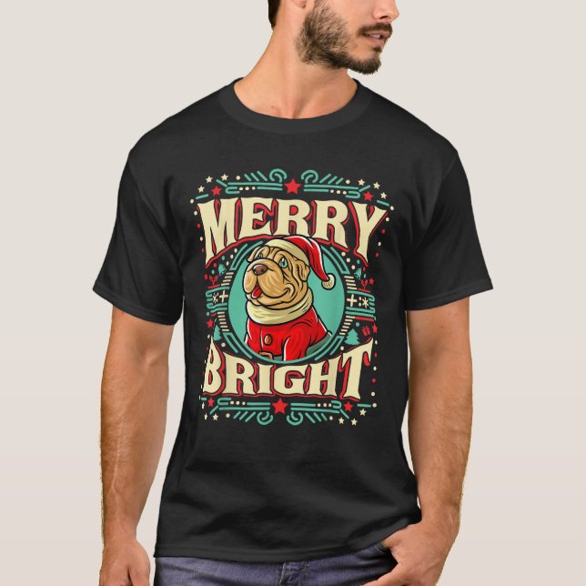 Shar Pei Merry Bright Christmas Santa Claus Dog  T-Shirt (Front)