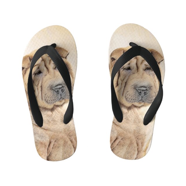 Shar Pei Painting - Cute Original Dog Art Kid's Flip Flops (Footbed)