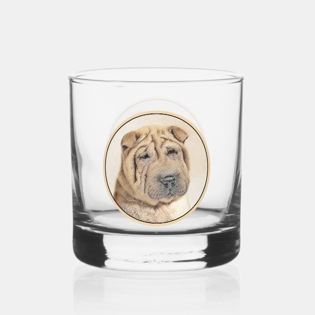 Shar Pei Painting - Cute Original Dog Art Whiskey Glass (Front)