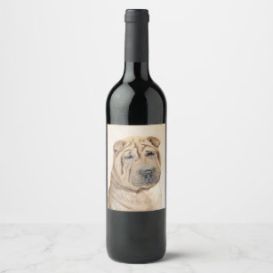 Shar Pei Painting - Cute Original Dog Art Wine Label