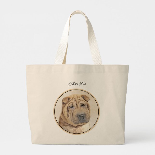 Shar Pei Painting Fawn Wrinkle Original Dog Art Large Tote Bag (Back)