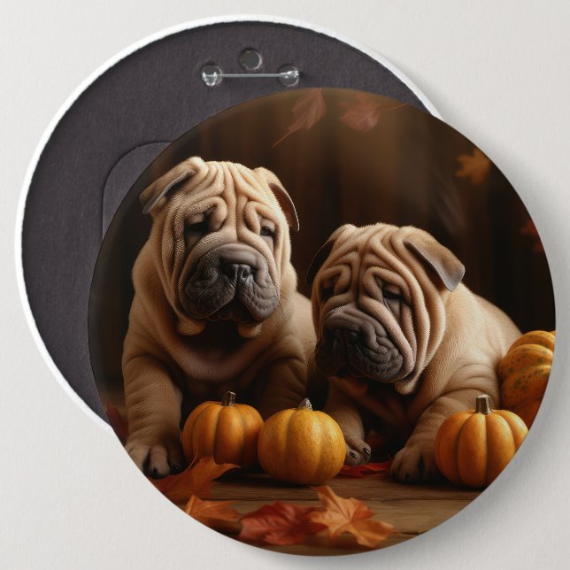 Shar Pei Puppy Autumn Delight Pumpkin 6 Cm Round Badge (Front & Back)