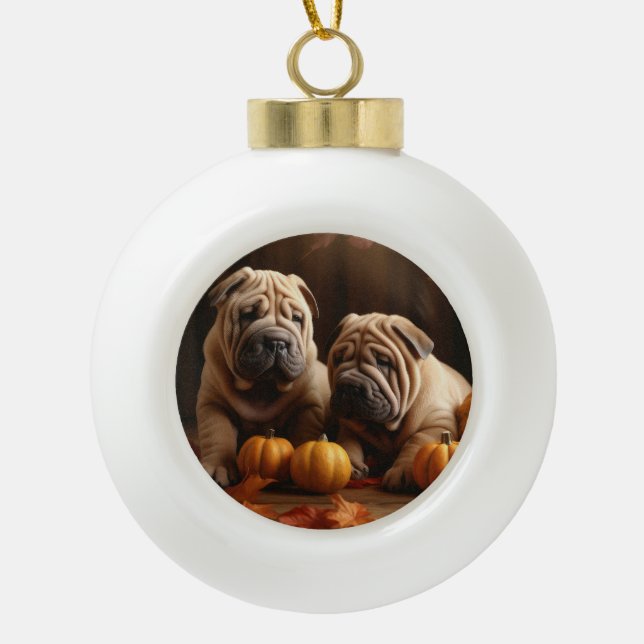 Shar Pei Puppy Autumn Delight Pumpkin Ceramic Ball Christmas Ornament (Front)
