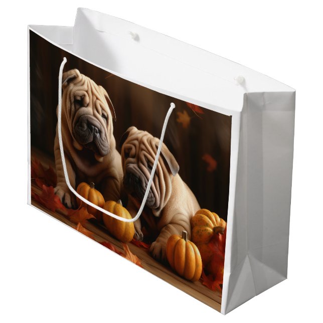Shar Pei Puppy Autumn Delight Pumpkin Large Gift Bag (Front Angled)