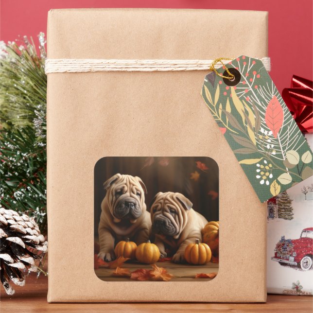 Shar Pei Puppy Autumn Delight Pumpkin Square Sticker (Holiday)