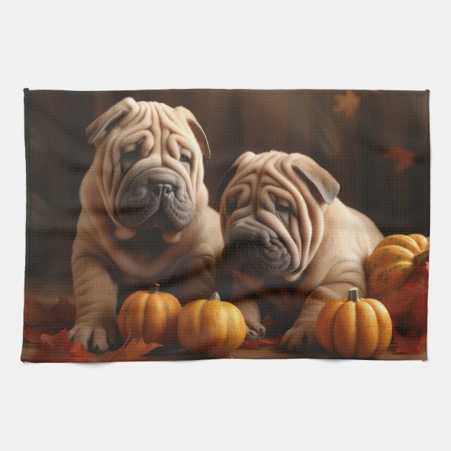Shar Pei Puppy Autumn Delight Pumpkin Tea Towel (Horizontal)