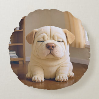 Shar Pei Puppy - Soft Serenity by WangWang Round Cushion