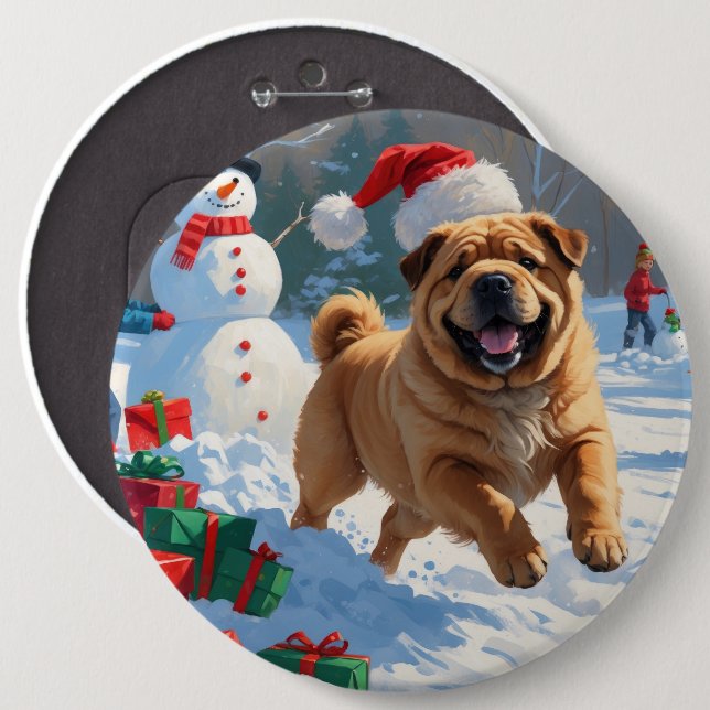 Shar Pei Running in Snow with Christmas Hat 6 Cm Round Badge (Front & Back)