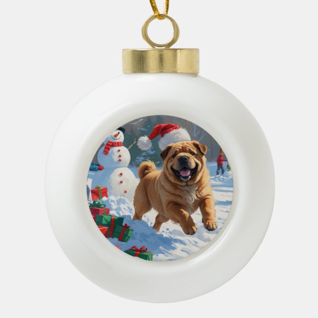 Shar Pei Running in Snow with Christmas Hat Ceramic Ball Christmas Ornament (Front)