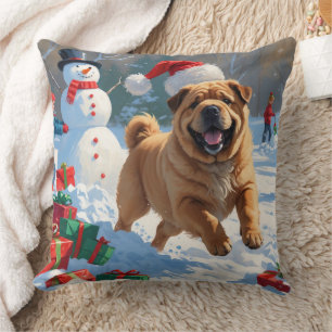 Shar Pei Running in Snow with Christmas Hat Cushion