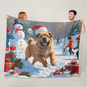 Shar Pei Running in Snow with Christmas Hat Fleece Blanket