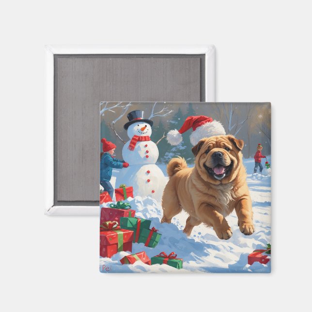 Shar Pei Running in Snow with Christmas Hat Magnet (Front/Back)