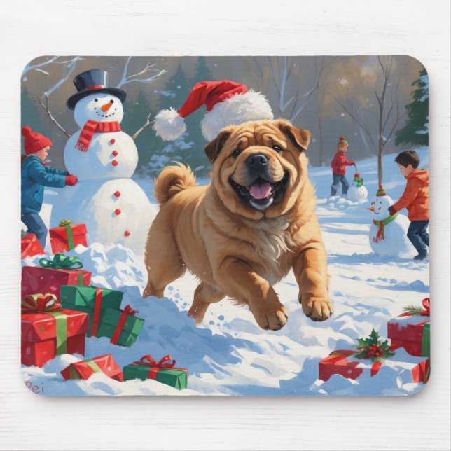 Shar Pei Running in Snow with Christmas Hat Mouse Mat (Front)