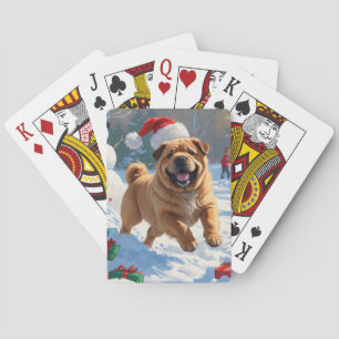 Shar Pei Running in Snow with Christmas Hat Playing Cards