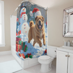 Shar Pei Running in Snow with Christmas Hat Shower Curtain