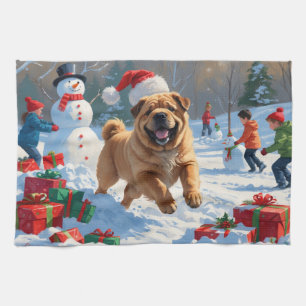 Shar Pei Running in Snow with Christmas Hat Tea Towel
