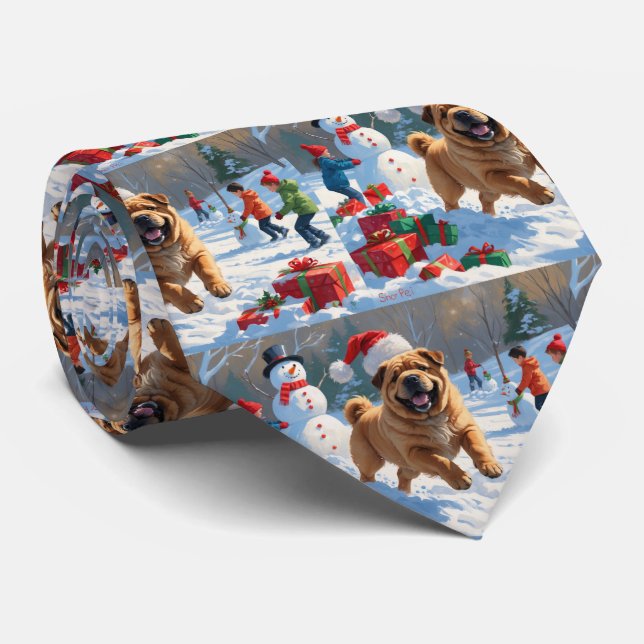 Shar Pei Running in Snow with Christmas Hat Tie (Rolled)