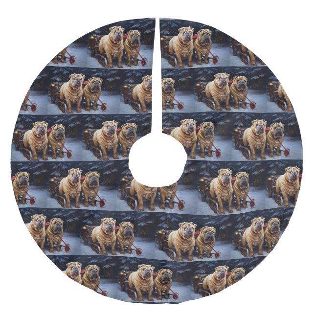 Shar Pei Snowy Sleigh Christmas Decor Brushed Polyester Tree Skirt (Front)