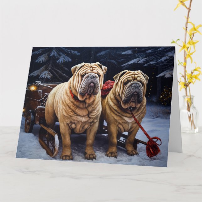Shar Pei Snowy Sleigh Christmas Decor Card (Yellow Flower)