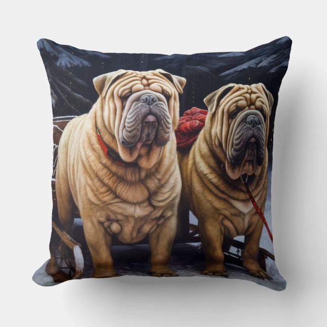 Shar Pei Snowy Sleigh Christmas Decor Cushion (Front)