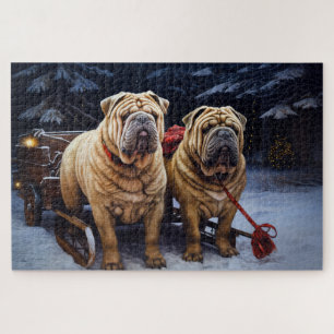 Shar Pei Snowy Sleigh Christmas Decor Jigsaw Puzzle