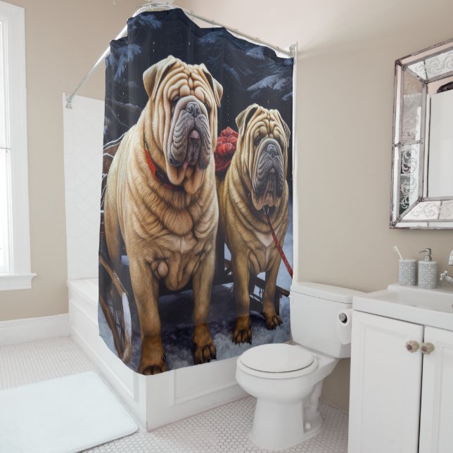 Shar Pei Snowy Sleigh Christmas Decor Shower Curtain (In Situ)