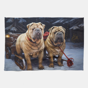 Shar Pei Snowy Sleigh Christmas Decor Tea Towel