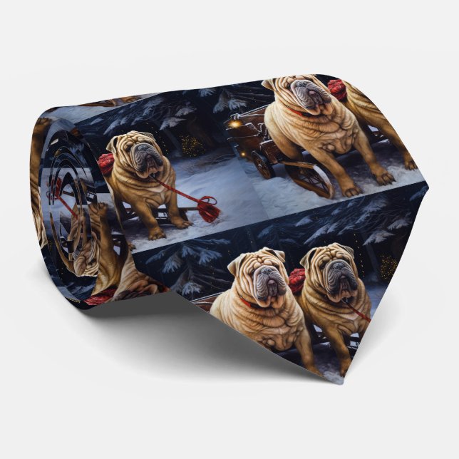 Shar Pei Snowy Sleigh Christmas Decor Tie (Rolled)