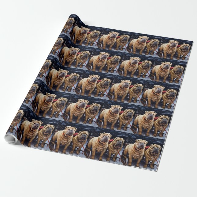 Shar Pei Snowy Sleigh Christmas Decor Wrapping Paper (Unrolled)