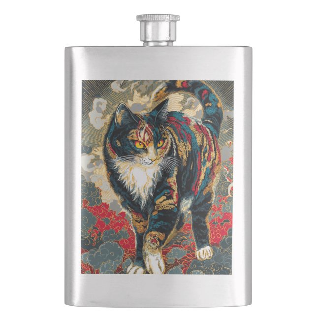 Sharaku Style Kabuki Lucky Cat Hip Flask (Front)