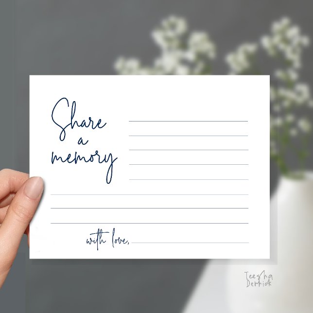 Share a memory Funeral Service Modern Script card (Funeral Service, Share a memory or words to the family card in navy blue)