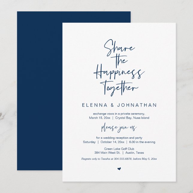 Share the happiness, Navy Blue, Elopement Party Invitation (Front/Back)