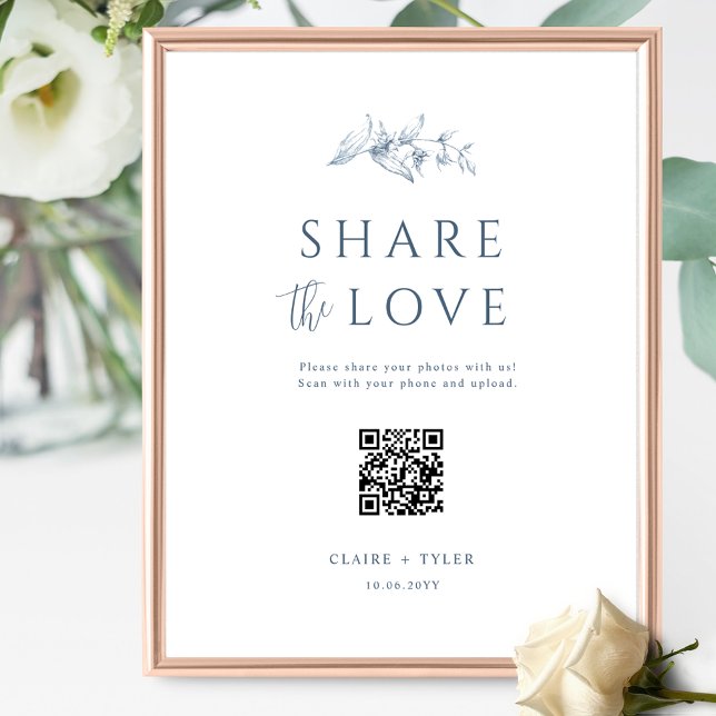 Share the Love, Elegant Blue Wedding QR Code Sign (Creator Uploaded)