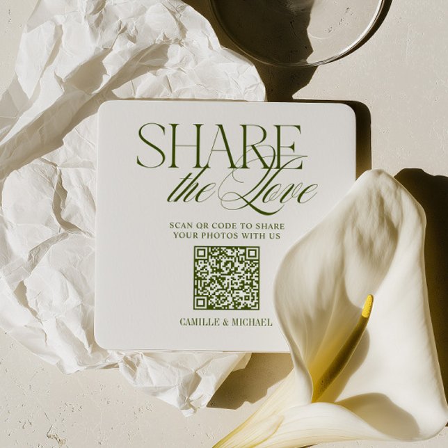 Share the Love QR Code Olive Green Wedding Square Paper Coaster (Share the Love QR Code Olive Green Wedding Square Paper Coaster)