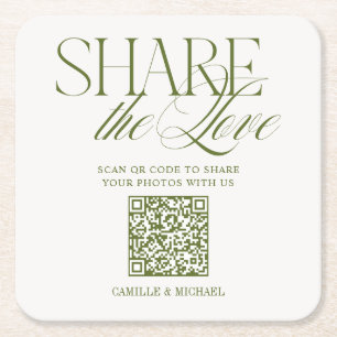 Share the Love QR Code Olive Green Wedding Square Paper Coaster