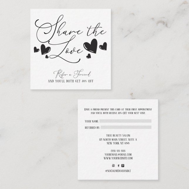Share the Love Simple Minimal Hearts Script Referral Card (Front/Back)
