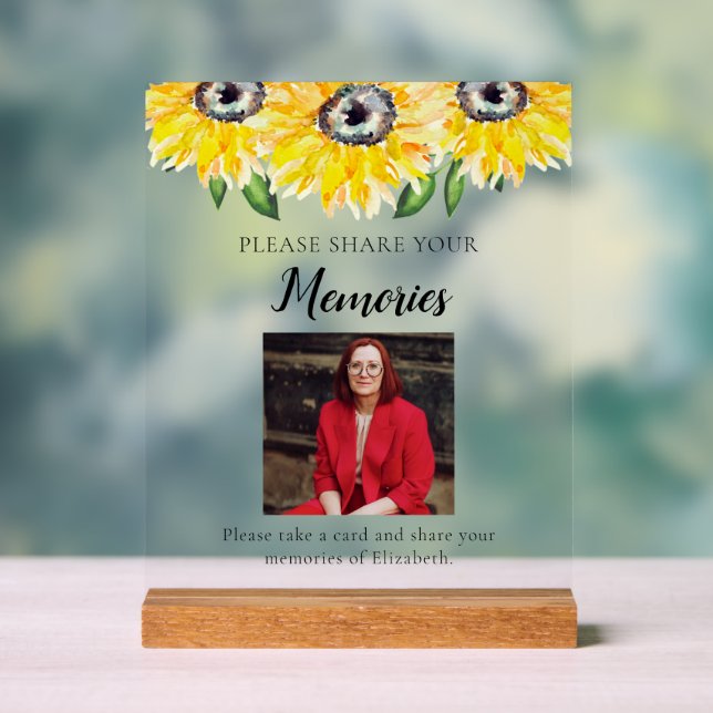 Share your Memories Funeral Photo Sunflower Acrylic Sign (Neutral)