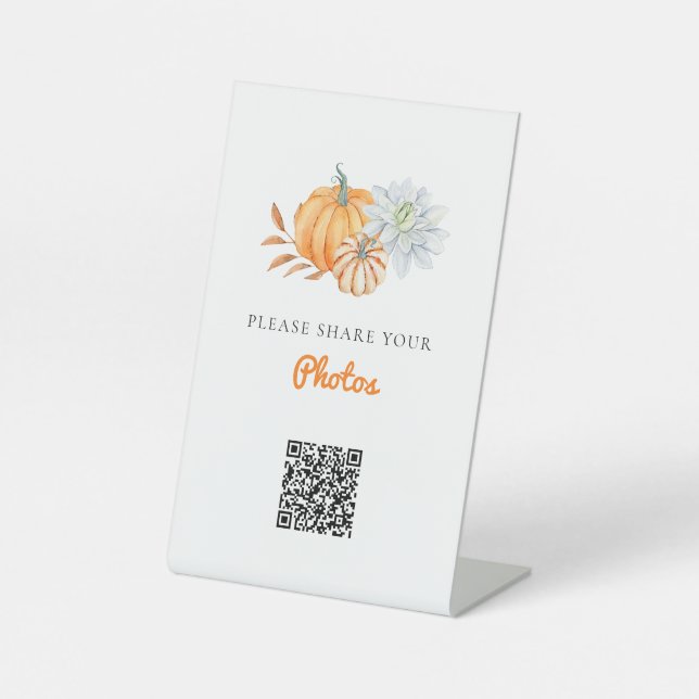 Share Your Photos Pumpkin Baby Shower QR Code Pedestal Sign (Front)