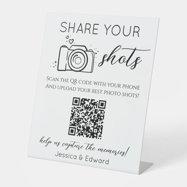 Share Your Shots Memorable Qr Code Black Wedding Pedestal Sign (Front)