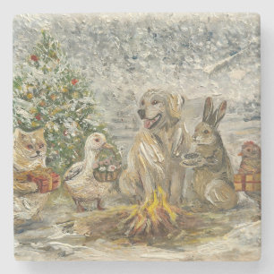 Shared Warmth Whimsical Farmhouse Animals Campfire Stone Coaster
