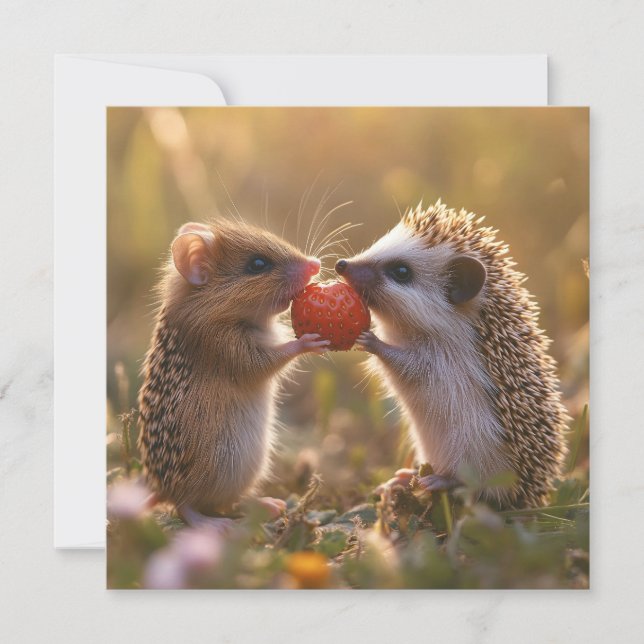 Sharing a Strawberry - Adorable Hedgehog and Mouse (Front)