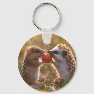 Sharing a Strawberry - Adorable Hedgehog and Mouse Key Ring