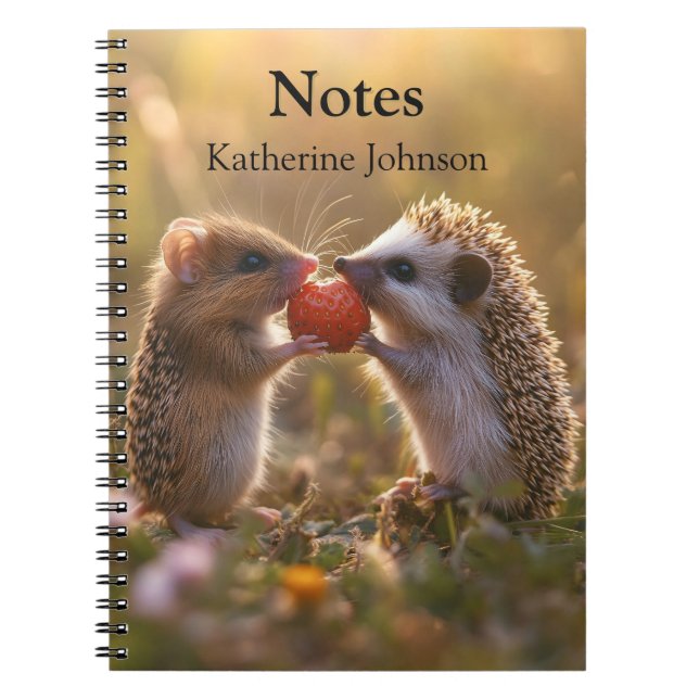 Sharing a Strawberry - Adorable Hedgehog and Mouse Notebook (Front)