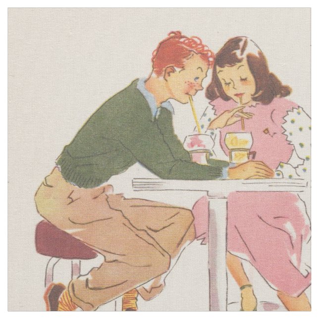 Sharing Sodas Vintage Retro Fabric Print (Close Up)