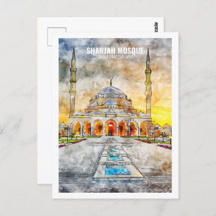 Sharjah Mosque UAE Famous Travel Watercolor Sketch Postcard