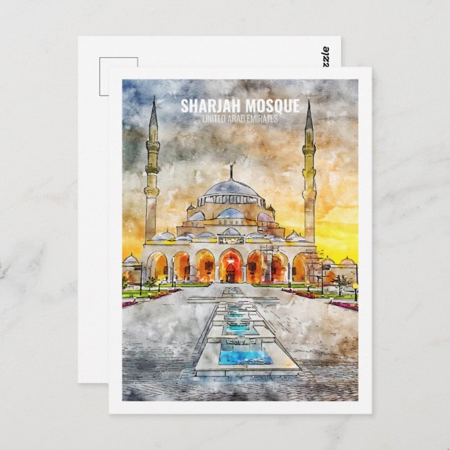 Sharjah Mosque UAE Famous Travel Watercolor Sketch Postcard (Front/Back)