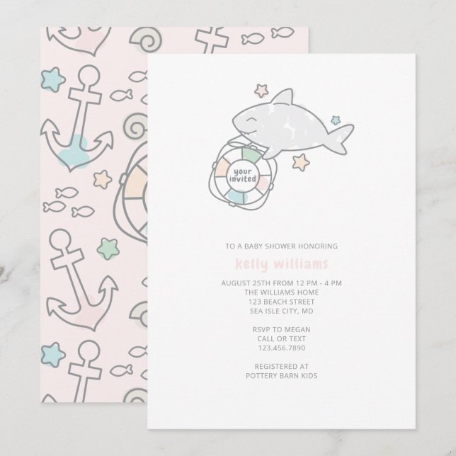 Shark Ahoy Girl Baby Shower Invitation (Front/Back)