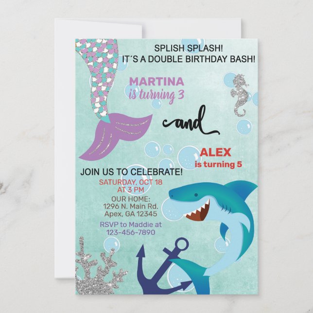 Shark and Mermaid siblings birthday invite. Invitation (Front)