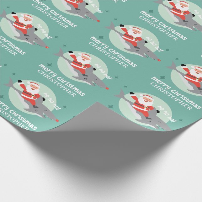 Shark and Santa With Name Wrapping Paper (Corner)