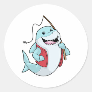 Shark at Fishing with Fishing rod Classic Round Sticker